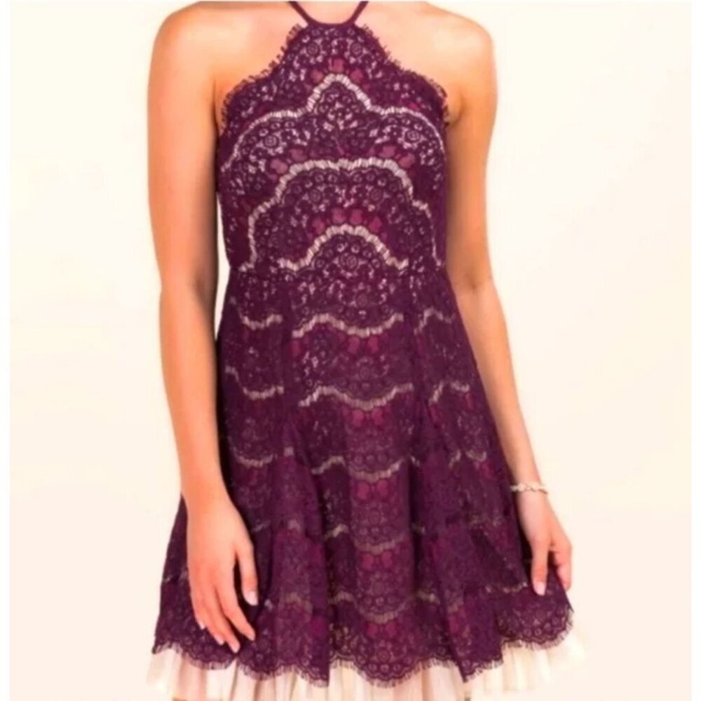 Francescas Fit And Flare Dress Womens S Burgundy Lace Overlay Tulle Bottom